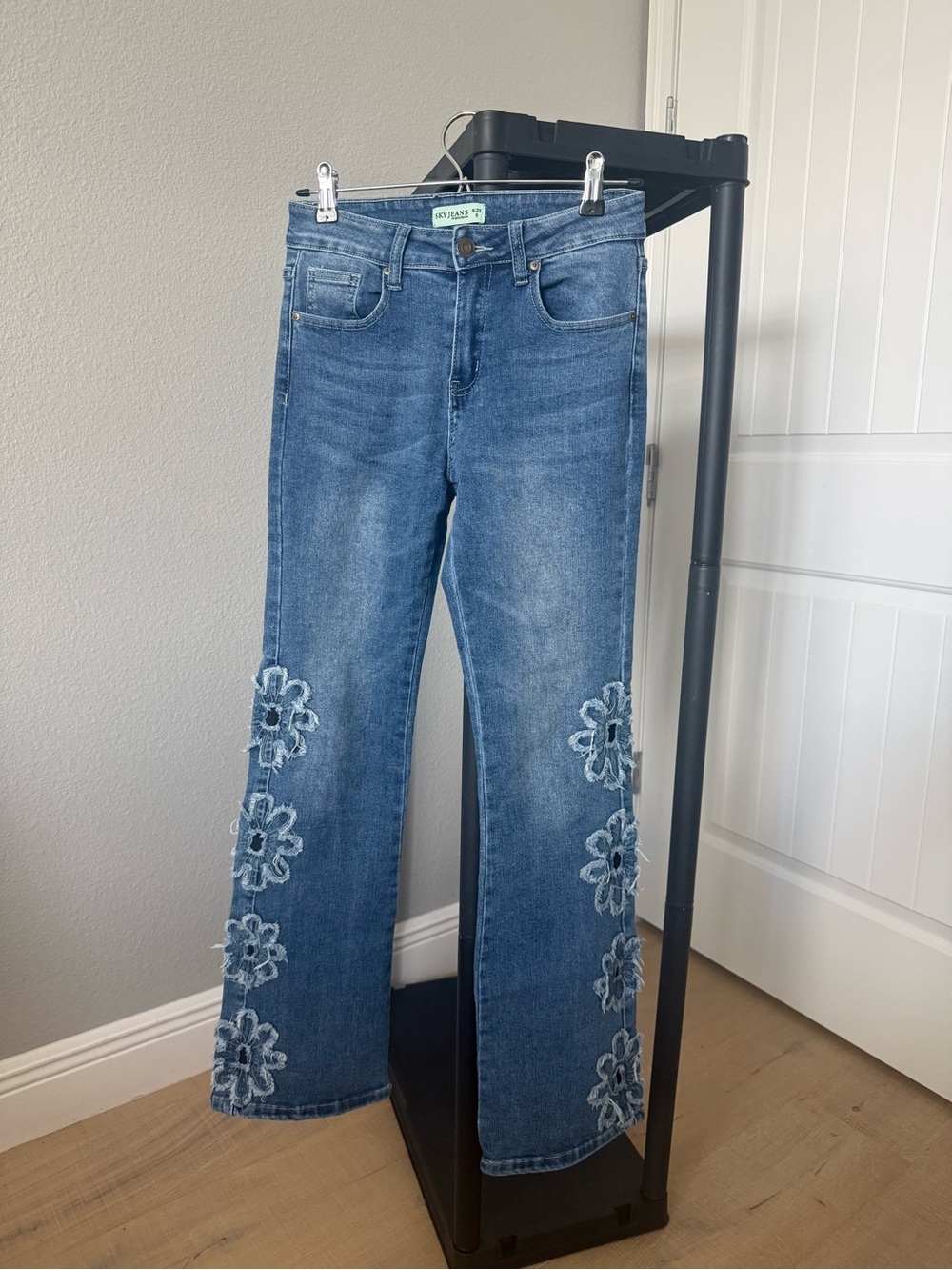 Denim Flare Jeans with Side Floral Embroidery - Blue